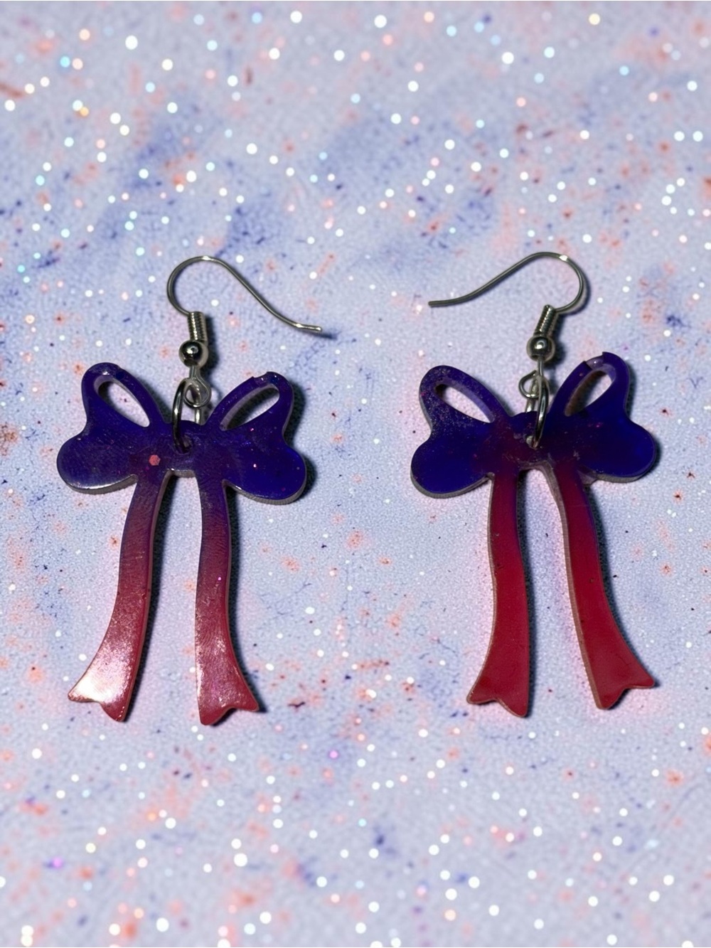 Handmade Purple Pink Ombré Bow Resin Dangle Statement Earrings - Picture 6 of 6